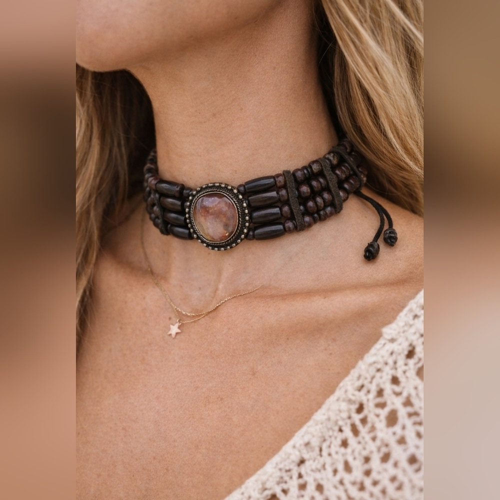 Bohemian Tribal Brown Wood Beaded Pink Stone Choker Adjustable Necklace